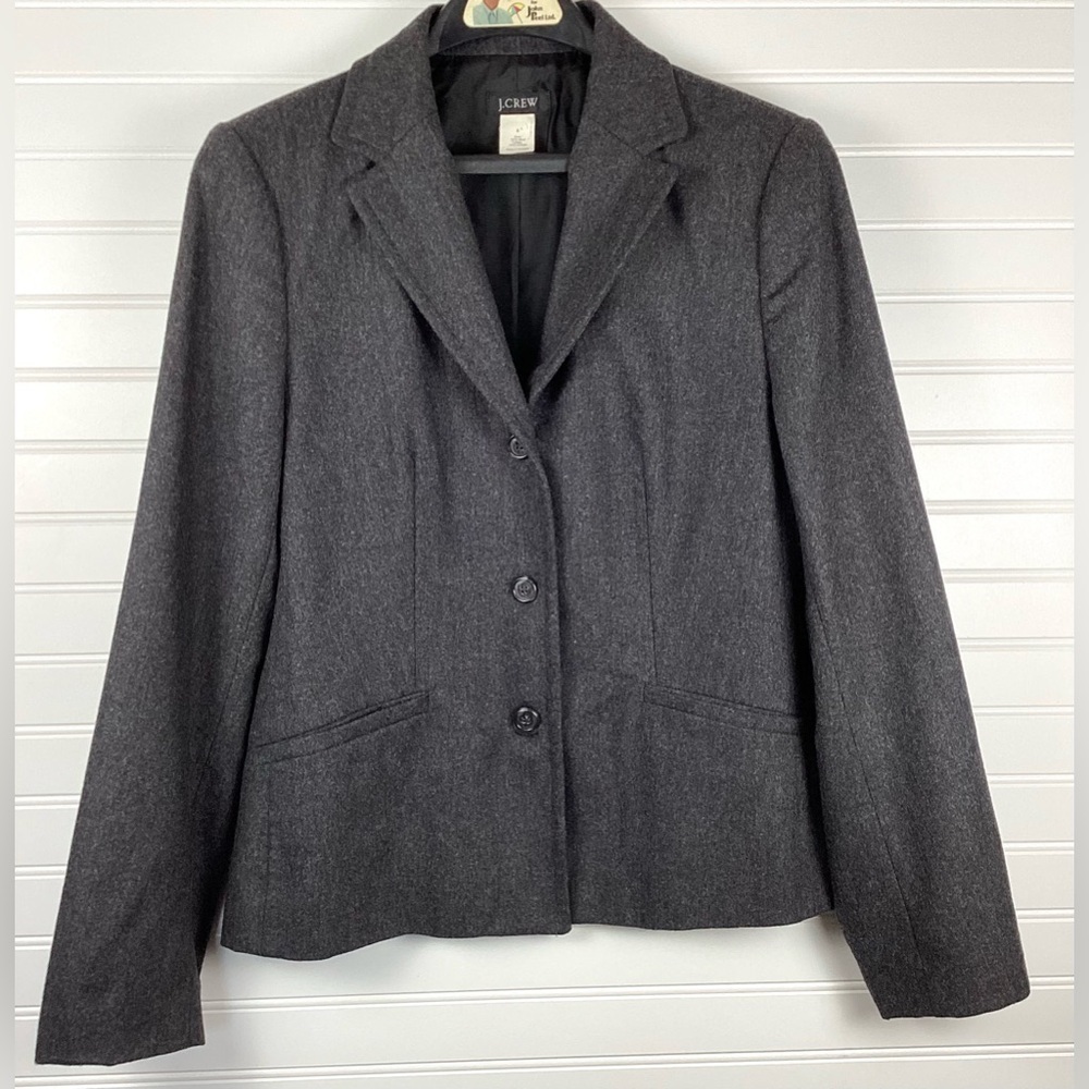 J.CREW Blazer Gray Flannel 100% Wool Career Long Sleeves Pockets Lined Size 6